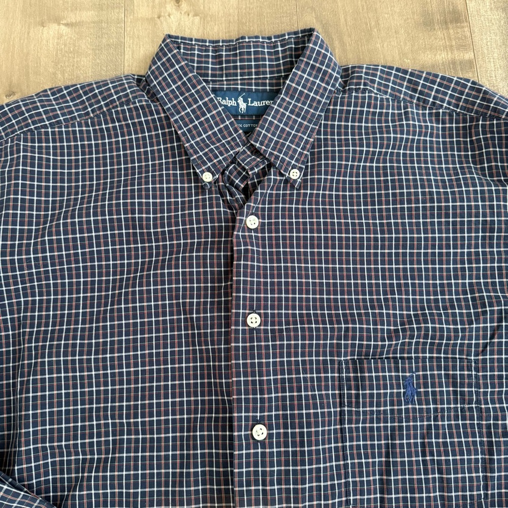 Ralph‎ Lauren Button Down Shirt Men Large Tall Navy Blue Check Gingham Pocket